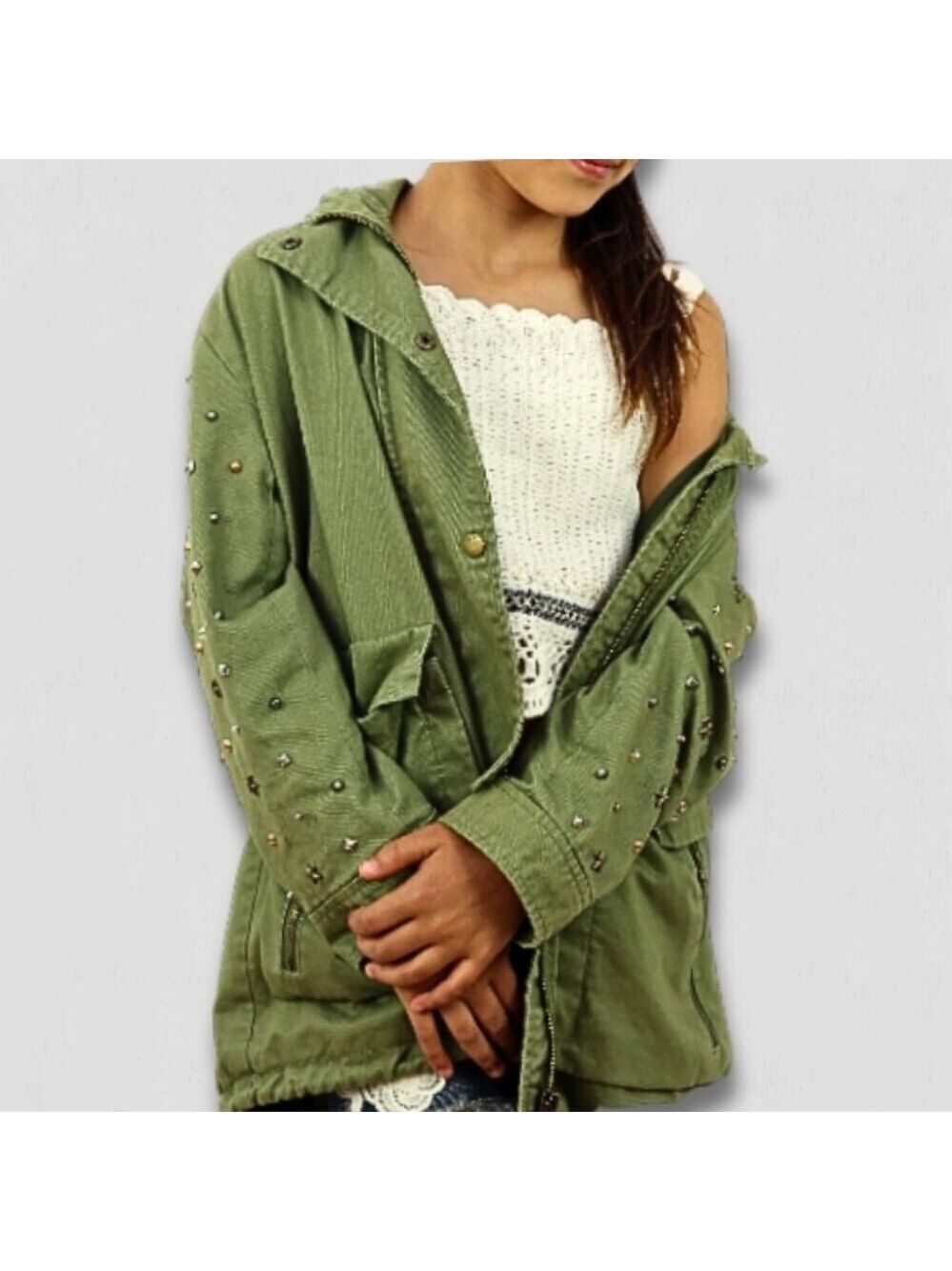 Zara green jacket cargo parka edgy studs relaxed snap boho rocker grunge punk 12